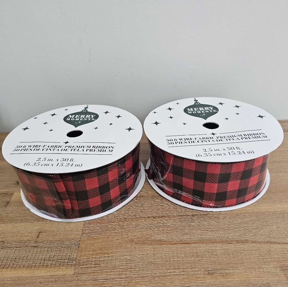 MERRY MOMENTS 2 Rolls Red & Black Buffalo Plaid Wire Edge Ribbon 2.5" x 50' Long